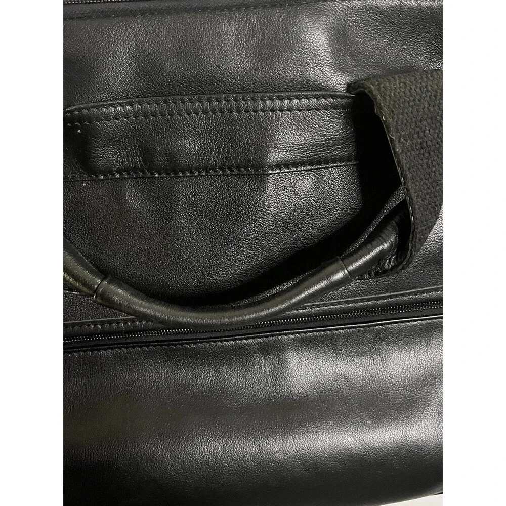 Black Leather Messenger/Laptop Bag With Pockets And Brass Hardware